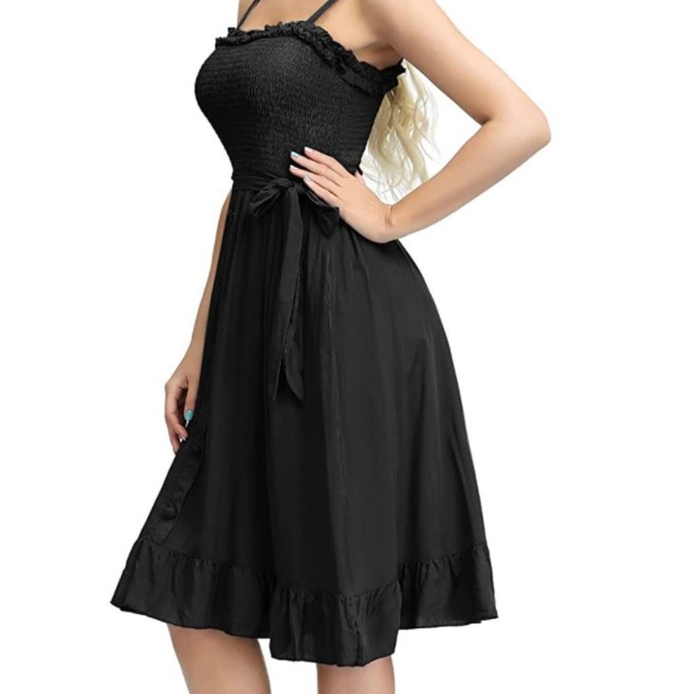 Women Summer Spaghetti Strap Button Down Belt A line Midi Dress Size XXL Black